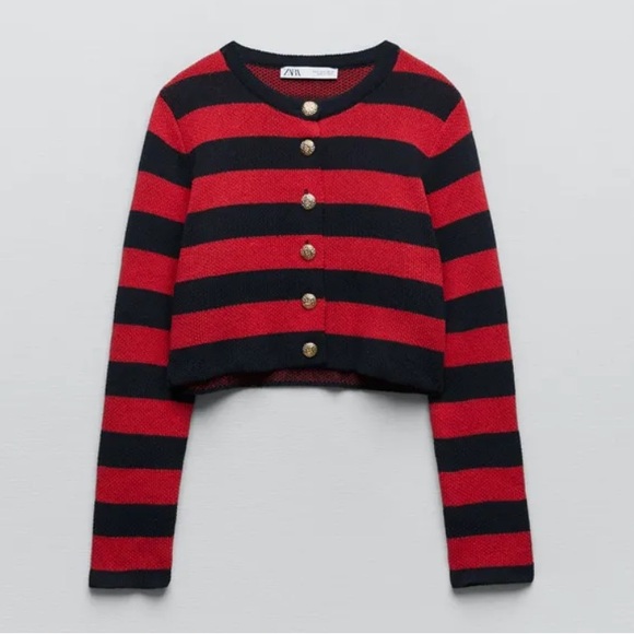 ZARA NWT STRIPED KNIT CARDIGAN RED / NAVY - Picture 2 of 10